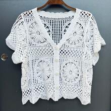 Title: Women's Crochet Blouse Short Sleeve – Imported Cotton Cardigan, Look, Summer Must-Have - 白色 - 查看 1