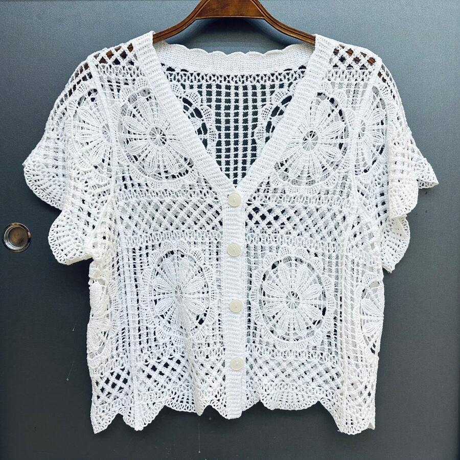 Title: Women's Crochet Blouse Short Sleeve – Imported Cotton Cardigan, Look, Summer Must-Have - 白色 - 查看 1