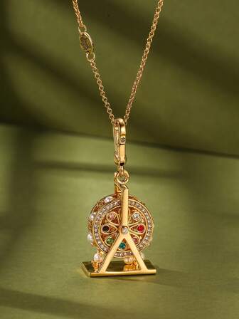 1pc Fashionable Artificial Crystal Rotating Ferris Wheel Pendant Necklace, Suitable For Women, Cute & Chic Party Jewelry, Halloween Gift, Bag/Key Chain Pendant