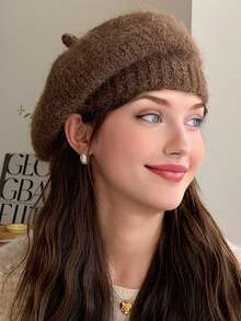 1pc Women's Classic Fuzzy Beret Hat, Knitted Solid Cloud Beanie, Fine Fleece Painter Cap, Casual Style Newsboy Hat, Suitable For Autumn/Winter Daily Wear, Walkable, Shopping