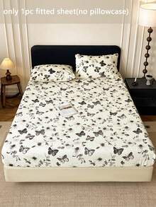 1 pieza Sábana ajustable con estampado de mariposa y hojas, sábana ajustable de terciopelo de leche suave y cálida, antiestática, resistente a las pelusas, con banda elástica en todo el perímetro, sábana ajustable extraíble, protector de colchón, sábana ajustable de estilo nórdico de color crema lujoso, adecuada para otoño/invierno, se ajusta a cama individual/doble/queen, incluye 1 sábana ajustable solamente, sin funda de almohada
