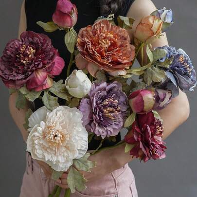 1支复古双头大牡丹仿真花，欧式牡丹花艺摆件，家居装饰，摄影道具