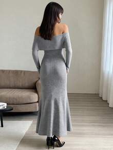 Vestido de suéter ajustado con hombros descubiertos y dobladillo de cola de sirena, unicolor, para otoño/invierno