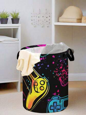 1 件卡通游戏机印花可折叠圆形储物篮带手柄，大容量多用途储物箱，适用于育儿室、婴儿尿布、衣服、玩具和配件整理