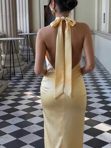 Basrey New Elegant Women's Solid Color Tie Waist Pleated Backless Cocktail Dress, Fishtail Hem, Long Gown, Suitable For Weddings, Parties, Dates, Valentine's Day And Other Occasions - Creamy Yellow - View 5