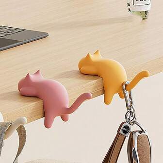 خطاف مكتبي بشكل القطة الصغيرة، خطاف على حافة المكتب بدون علامات أو ثقوب، متعدد الوظائف لتعليق الحقائب على جانب المكتب