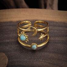 Hypoallergenic Retro Golden Sun Moon Star Turquoise Open Bangle, Bohemian Cosmic Style For Daily Wear / Valentine's Day Gift For Girlfriend, Claim My Daily Gift, Local Warehouse, - 金的 - 查看 11