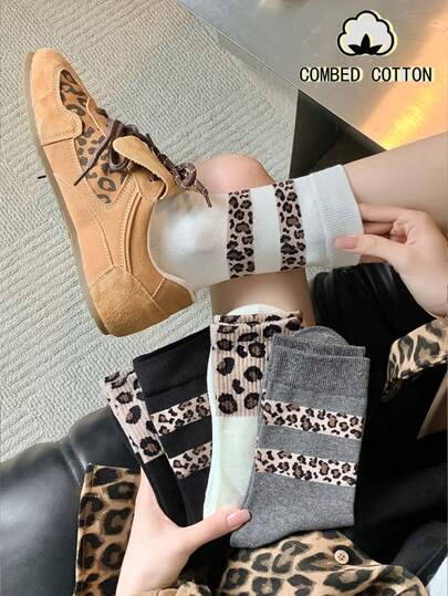 5 đôi tất nữ mùa thu đông, tất nữ họa tiết da báo và sọc thời trang, tất jacquard thoải mái, phù hợp cho phong cách tối giản đi làm, cũng như phong cách lãng mạn dạo phố.
