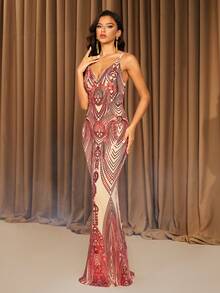 LOVE&LEMONADE Red V-Neck Sequin Embellished Evening Gown (Random Floral Pattern On Back, Not Matched) - Red - View 5