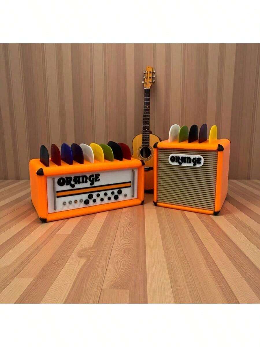 Guitar Pick Holder With Random Five Color Picks, Vintage Speaker Guitar Pick Holder, Portable Guitar Pick Holder, Gift For Guitar Lovers - Hình vuông màu cam + 5 mái chèo màu ngẫu nhiên - Xem 1