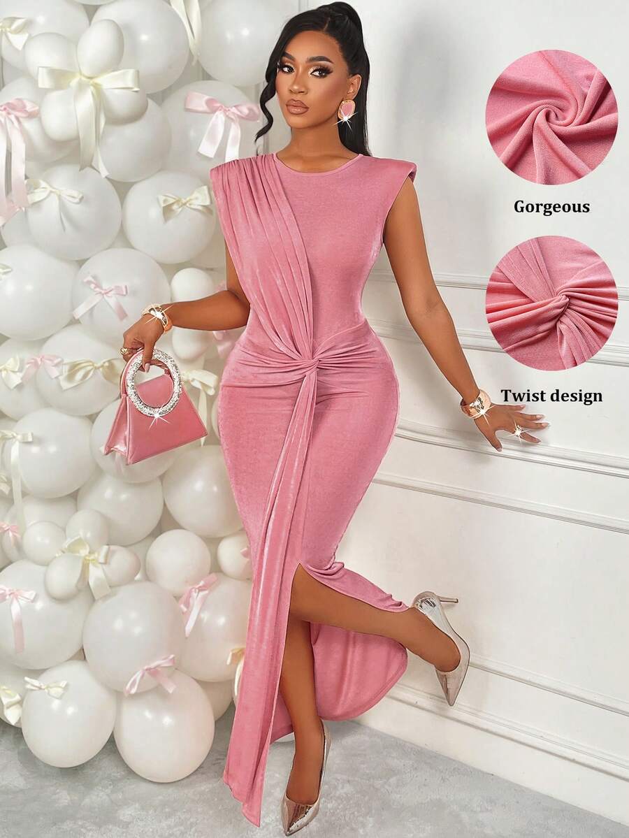Amarilo Women's Spring, Summer, Autumn And Winter Fashion Party Dress Round Neckline With Padded Shoulders, Sleeveless Shoulder Ruffles With Overlay Design Fitted Waist With Twisted Knot Overlay Detail Bodycon Style With Side Slit Solid Colour Shimmering Fabric Long Dress - 粉色 - 查看 1