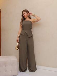 Women's Strapless Jumpsuit With Back Zipper And Button Details/Y009 - Dark Green - View 7
