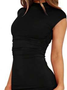 Women's Ruched Bodycon Mini Dress Cap Sleeve High Neck Solid Color Dress Night Out Dress - Black - View 3