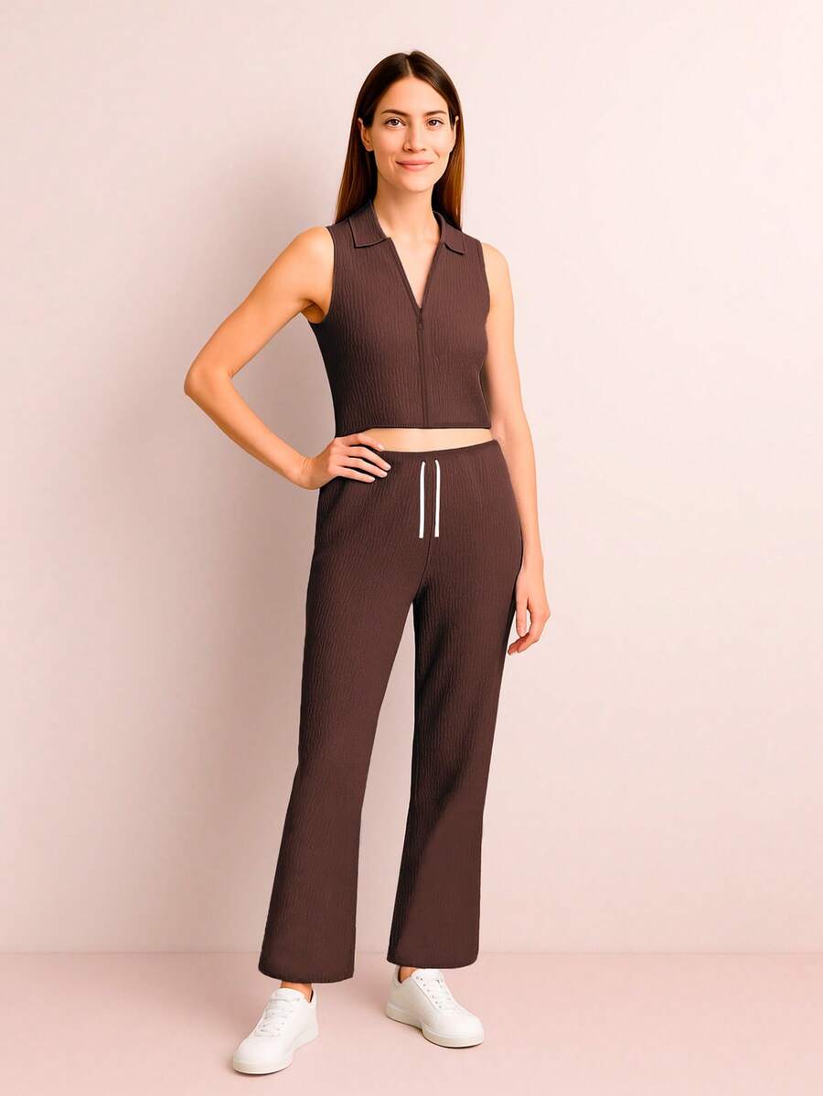 Conjunto de dos piezas de top corto  sin mangas con cuello y pantalón para mujer, tejido elástico medio