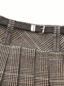 女士时尚格子褶皱 A 字裙，百搭优雅宽松修身 - 橘色格子 - 查看 3