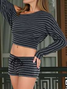Women Summer 2 Piece Outfits Stylish Long Sleeve Off Shoulder Striped Crop Tops And Elastic Waist Shorts Set - Màu xám đen - Xem 3