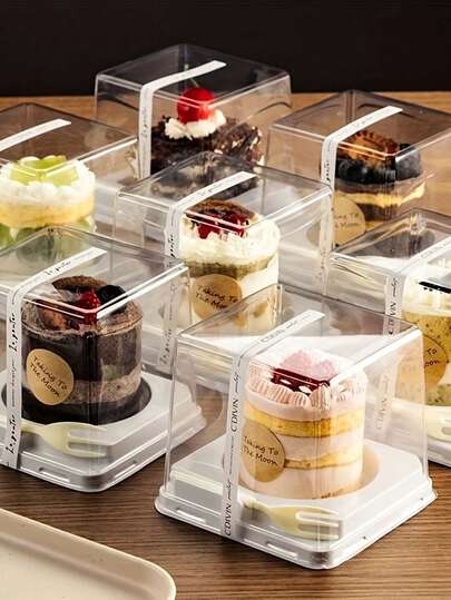 10pcs Japanese Square Inner Round Cake Boxes With Random Black/White Forks, Transparent Dessert Packaging Boxes For Layered Cakes, Mousse, Suitable For Desserts, Cakes, Kitchen, Bakery