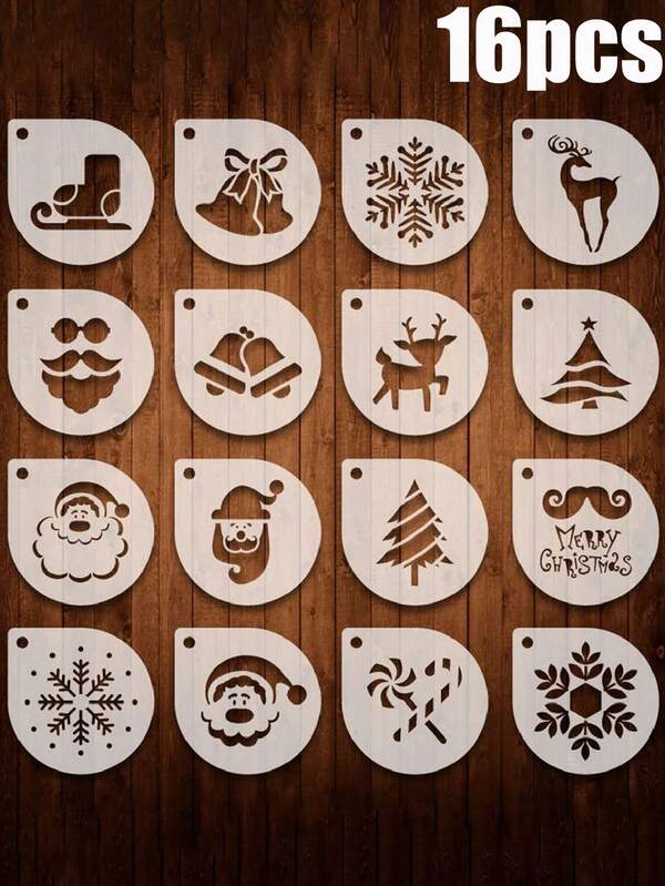 16-1 Pieza Moldes de encaje de plástico navideños, modelos de impresión de café en polvo elegantes, plantillas para rociar flores de leche, té y café, herramientas de repostería, moldes reutilizables para pintar pasteles y postres, para decoraciones de fiesta DIY y manualidades navideñas, que incluyen diseños de copos de nieve/Papá Noel, adecuados para cafeterías, moldes de hornear, moldes de pintura, decoraciones navideñas