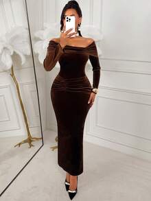 AIJ Amarilo Women's Autumn/Winter Fashionable Sensual Party Dress Asymmetrical Pleated Collar, Long Sleeves, Fitted Waist Pleated Waistline, Bodycon Silhouette Solid Colour Velvet Maxi Dress