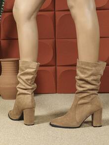 Chunky Heel Slouchy Boots Round Toe Suede Slim Tall Boots For Women, New Autumn/Winter Mid-Calf Riding Boots With Fur - 棕色 - 查看 4