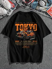 AnChiStreetwear - 大码男士时尚橙色赛车英文图案休闲短袖T恤，适合街头穿搭、户外活动和日常通勤。 - 黑色 - 查看 2