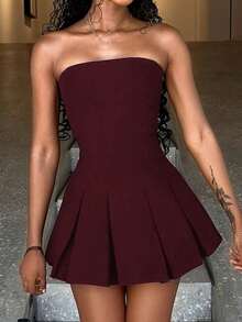 Unadoll Women's Strapless, Backless, Ruched, Sexy, Elegant Vacation, Date, Back To School, Music Festival, Cocktail Party, Formal Solid Color Mini Skirt - Burgundy - View 6