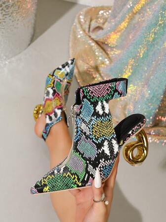 8,2 cm Botas de tobillo con tacón grueso de moda, textura de piedra sólida dorada, decoración con cremallera, plantilla acolchada de licra, botas cortas versátiles y estilizadoras