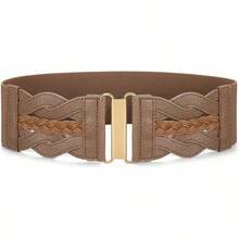 Vintage Stretchy Wide Elastic Belt With Gold Buckle For Women - 深棕色 - 查看 1