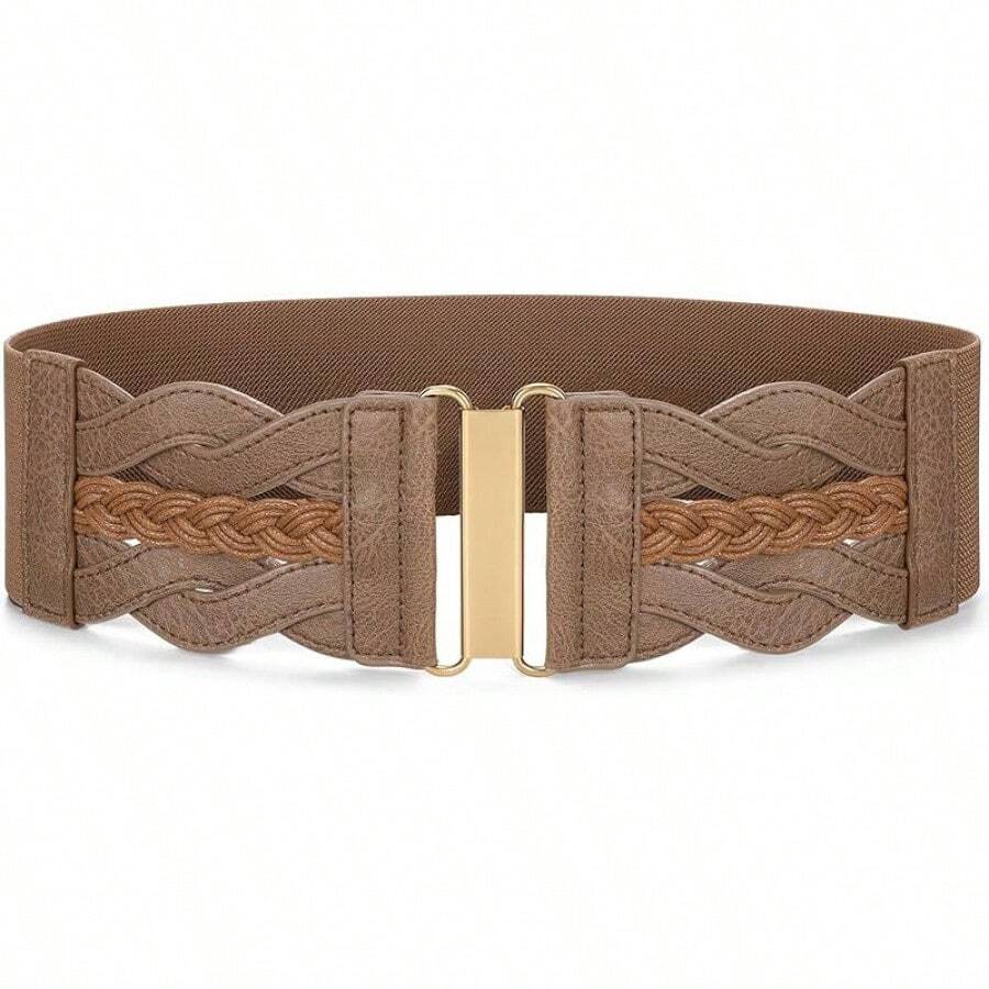 Vintage Stretchy Wide Elastic Belt With Gold Buckle For Women - 深棕色 - 查看 1