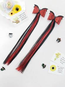 Extensiones de clip para el cabello con lazo de murciélago negro y rojo de Halloween, accesorios de cabello falso degradado de negro a rojo a negro, clips para el cabello brillantes y con brillo para Halloween, diademas góticas y dulces de Lolita de Halloween para niñas