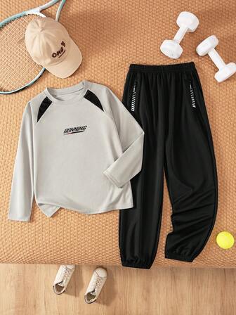 2 st/set pojkar casual mode raglanärm bokstav kontrastfärg sport långärmad t-shirt och dragkedja ficka byxor träningsoverall lämplig för skolan, vardag, sport uppvärmning träning