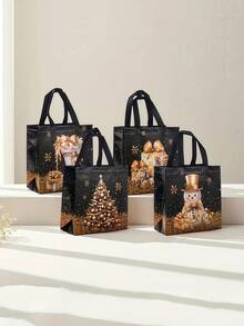 8 Stücke Premium elegante Weihnachtsgeschenktüten mit schwarz-goldener Glitzer-Gestaltung, aus goldenem und schwarzem Kraftpapier mit Tragegriff. Verziert mit Weihnachtsmann, Schneeflocken und Weihnachtsbaum-Motiven. Ideal für Weihnachtsgeschenke auf Weihnachtsfeiern. Weihnachtsthema.