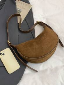 Suede Crescent Crossbody Shoulder Bag For Women, Vintage Hobo Purse