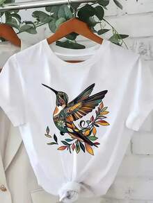 Ladies' 220g pure cotton T-shirt with floral and bird patterns, floral style, soft and breathable in autumn, moisture wicking, making Halloween a strong hit. It is a popular and trendy T-shirt recently, suitable for casual wear and the best gift choice - Blanco - Ver 1