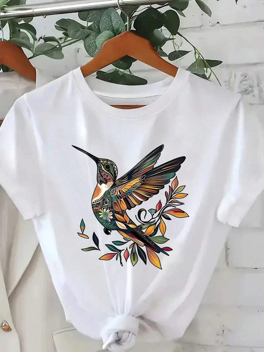 Ladies' 220g pure cotton T-shirt with floral and bird patterns, floral style, soft and breathable in autumn, moisture wicking, making Halloween a strong hit. It is a popular and trendy T-shirt recently, suitable for casual wear and the best gift choice - Blanco - Ver 1