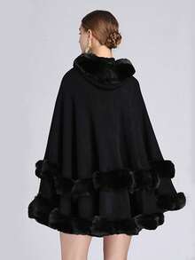 1pc Solid Color Double Layer Faux Fur Hooded Shawl