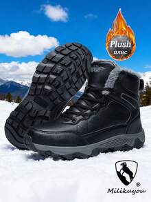 Winter Thick Plush Lined Men's Snow Boots, High-Quality Anti Slip Men's Hiking Boots, 2025 New Plus Size Shoes, Durable Anti Slip Hiking Shoes, Combat Training Boots, High Top Men's Autumn And Winter Boots, Men's Outdoor Hiking Shoes, Sports And Leisure Shoes, Long Boots, Black Boots, Gray Boots, Sand Boots, Brown Boots, Men's Cycling Boots, Suitable For Cold Weather In Autumn And Winter, Sizes 39-48 (Irregular Pattern) - Black - View 3