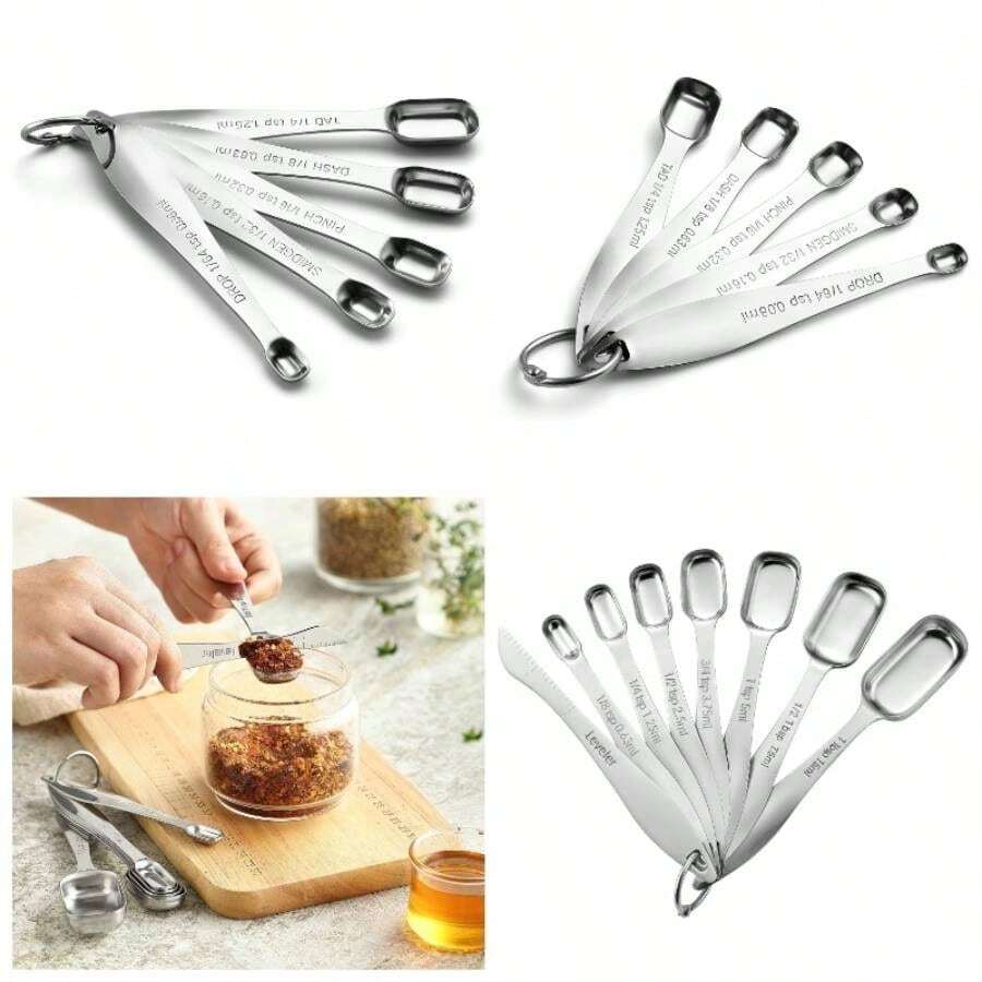 - Juego de cucharas medidoras de metal de acero inoxidable resistente para o lquido, se adapta a tarros de especias, juego de incluye nivelador - Juego de 13 - 1 paquete - Ver 1