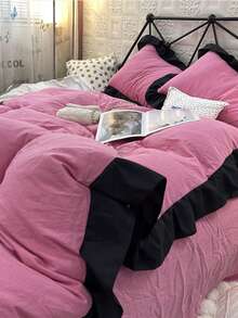 Set Sprei Lembut 3 Buah (1 Sarung Selimut + 2 Sarung Bantal), Warna Krem Merah Muda dengan Hiasan Rumbai, Cocok untuk Kamar Tidur & Kamar Tamu, Sepanjang Musim, Dapat Dicuci dengan Mesin - Hot Pink - View 6
