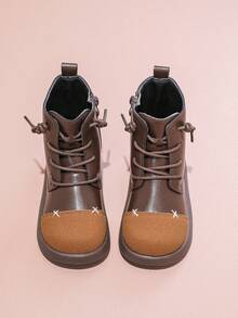 1 Pair Fashion Color Block Side Zipper Design Children Boots, Soft & Comfortable, Suitable For Outdoor, Autumn/Winter