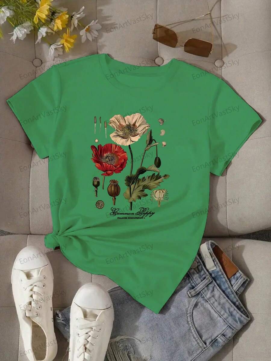 220g100% pure cotton women's T-shirt, printed with floral patterns, floral style, soft and breathable all year round, moisture wicking, recent popular T-shirt, suitable for casual wear, the best gift choice! - Verde - Ver 1