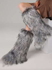 Women's Winter Furry Snow Boots Fuzzy Fluffy Round Toe Suede Booties Flat Heel Slip On Outdoor Indoor Shoes Fashion Warm Fluffy Shoes - Ống dài màu xám - Xem 3