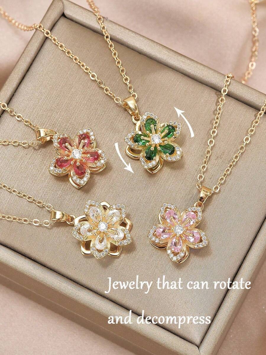 1pc Copper & Cubic Zirconia Plum Blossom Shaped Rotatable Women's Fashion Necklace
