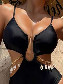 Sultry Sol بدلة سباحة نسائية بلون أحادي، بياقة على شكل حرف V مثير، ظهر مكشوف، وشرابات - الأسود - مشاهدة 6