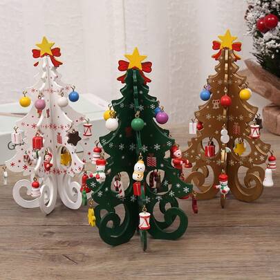 1pc Christmas Decor Gift, Wooden Christmas Tree, Christmas Decoration Gift, 6-Piece Tree With Random Small Ornaments (Slight Paint Chipping Is Normal, Color May Differ Slightly From Photos Due To Lighting)