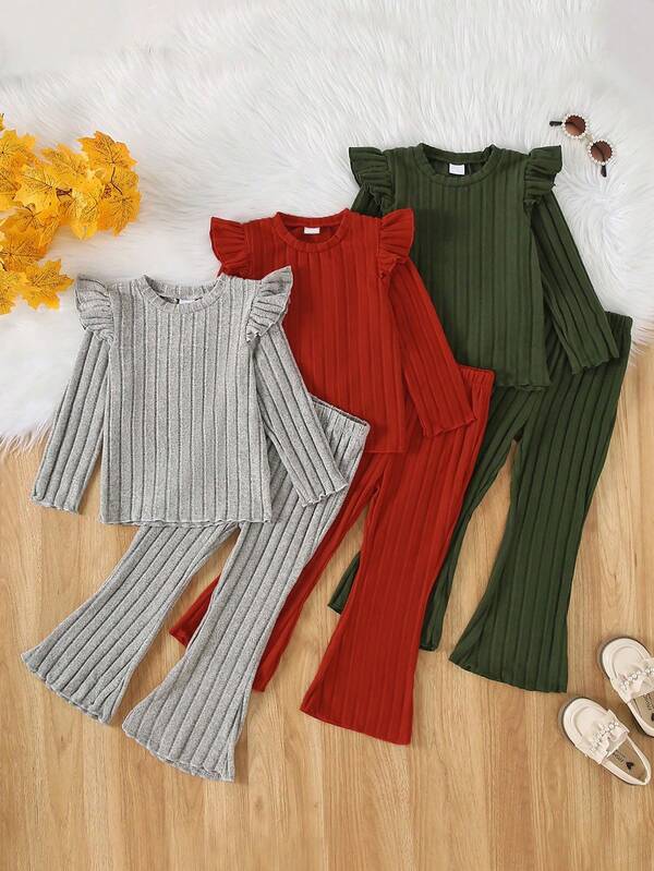 6pcs Baby Casual Solid Color Knit Fabric Long Sleeve Top Paired With Solid Color Flared Pants Outdoor Suit, Autumn/Winter