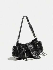 Unisex Punk Rock Motorcycle Bag, Y2K Oilcloth Leather Crossbody Underarm Handbag With Adjustable Strap, Suitable For Shopping - Black - View 3