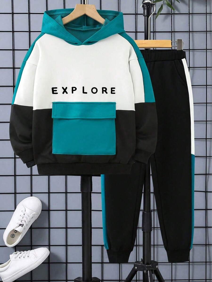 Tween Boy Casual Stitching Patchwork Envelope Pocket Hooded Sweatshirt & Sweatpants Set, Autumn/Winter - Teal Blue - View 1