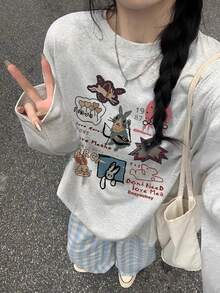Autumn New Women Petite Casual Round Neck Cute Sweet Print Pattern Girl One-Piece Long Sleeve T-Shirt Top - Light Gray - View 8