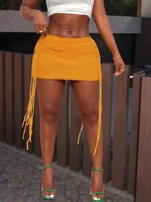 纯色流苏针织裙，适合海滩和度假 - 黃色 - 查看 9